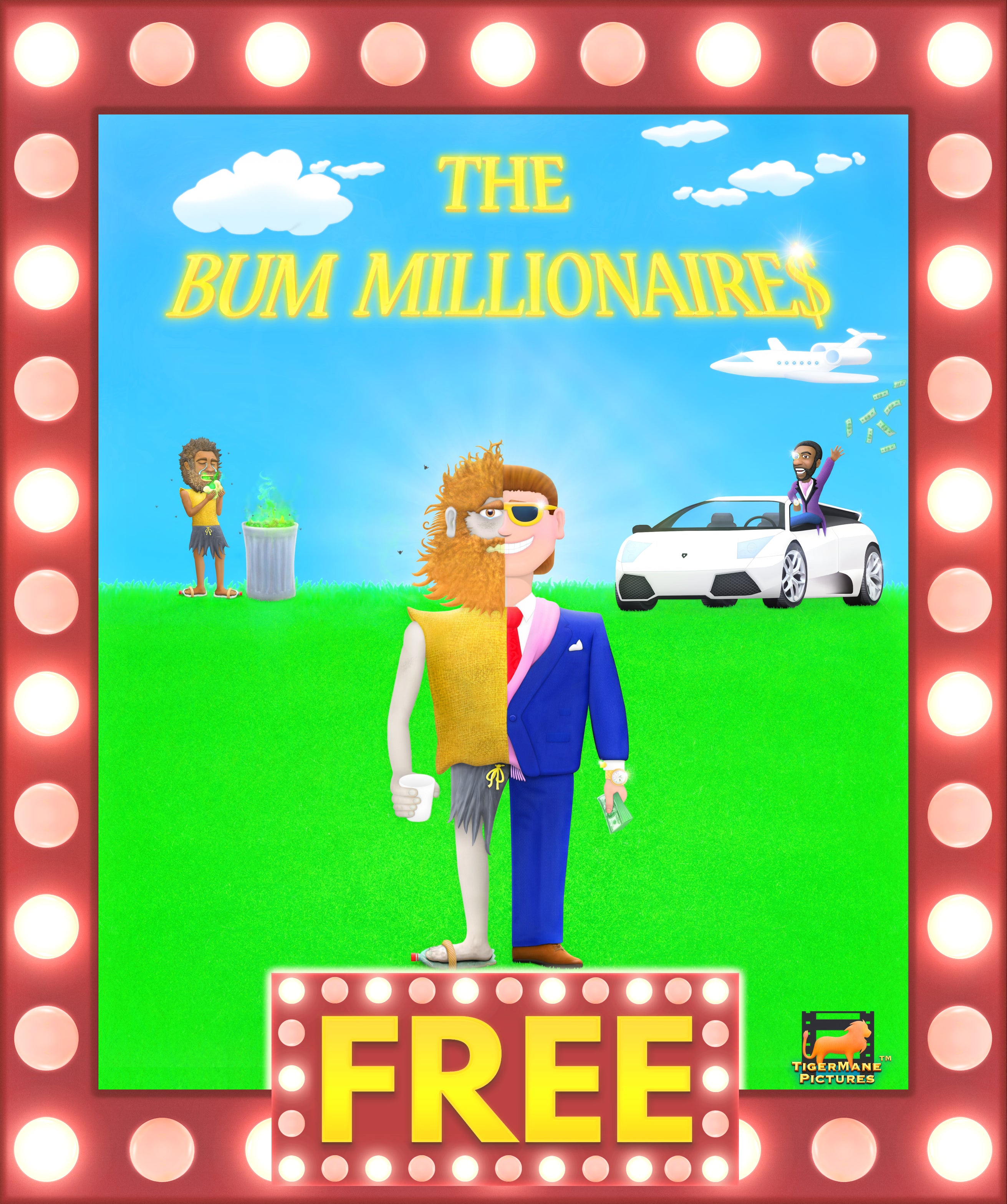 eMovie® cover art for The Bum Millionaires — a comedy story from Tiger Mane Pictures®